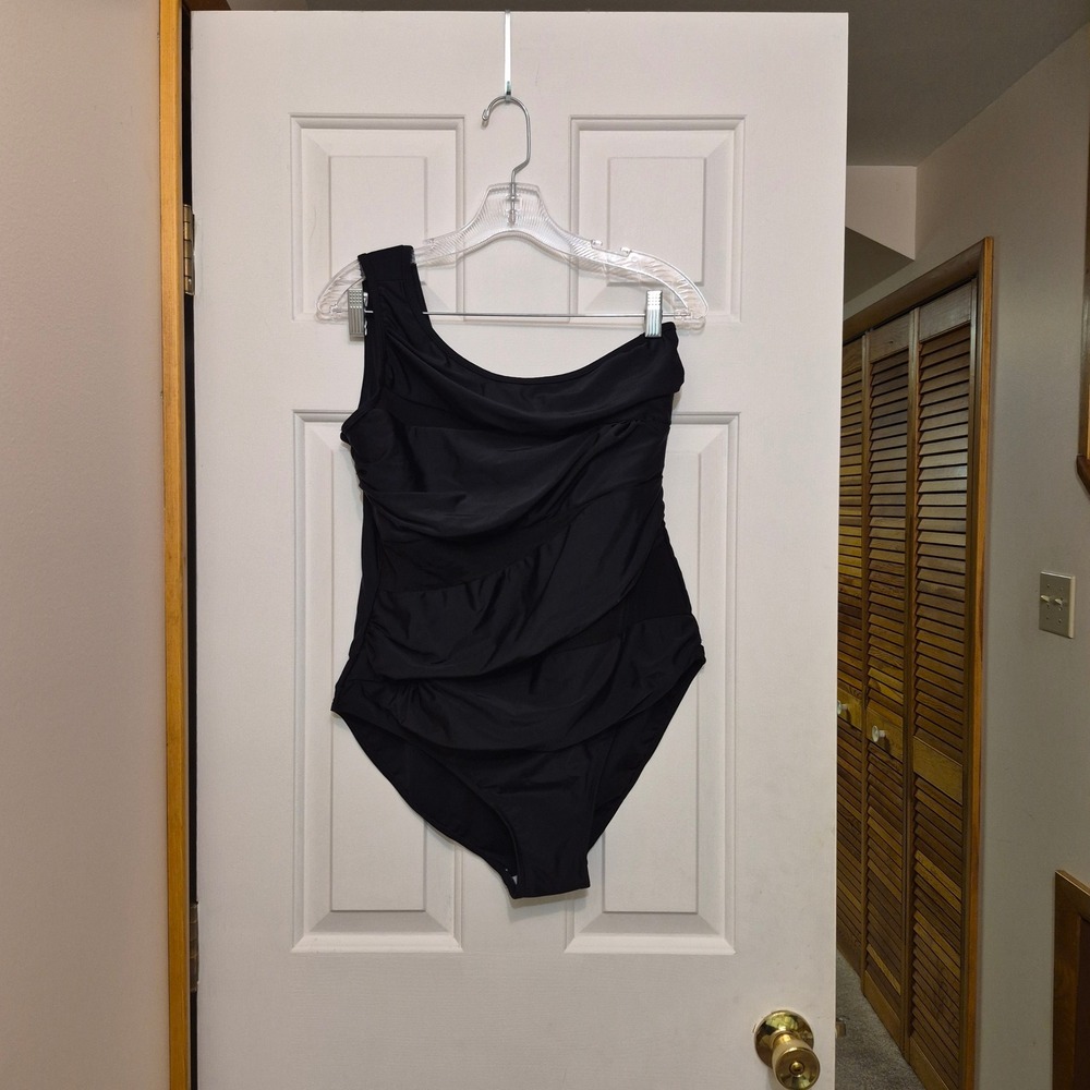 Black One Shoulder Ruched Tummy Control One Piece Swimsuit Mesh XXL Plus Size